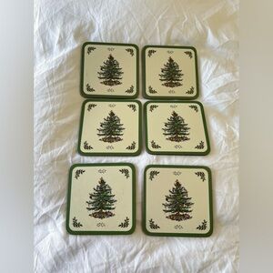 Pimpernel | Set Of 6 | Spode Christmas Tree Coasters Green Trim Cork Backing